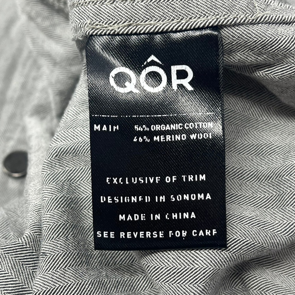 QOR Mens Organic Cotton Merino Wool Herringbone Snap Front Shirt Grey Large - Picture 8 of 10